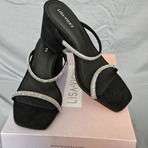Lisa Vicky Black Rhinestone Mule Heels Women's US 8 M Faux Suede Block Heel NEW